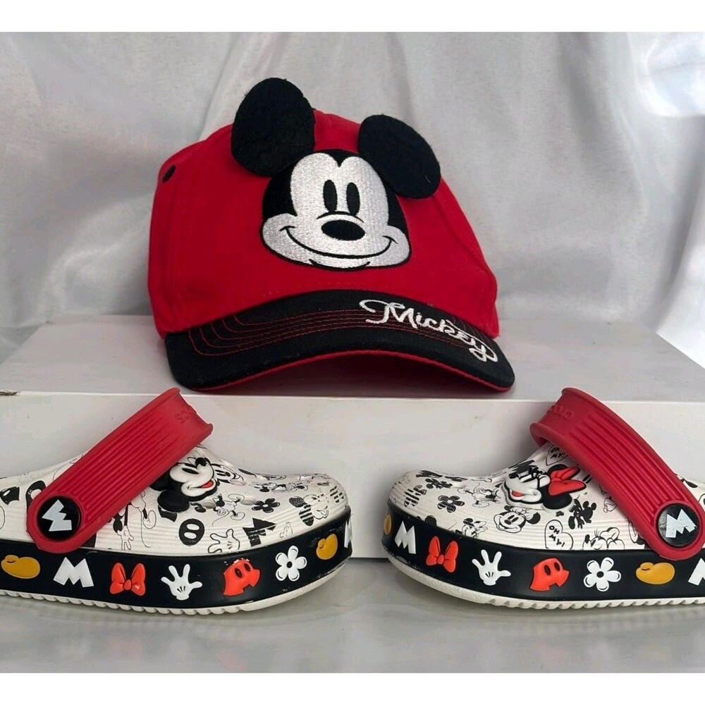 Disney Mickey Mouse Hat & Crocs Clogs Kids Size C6 Mickey Minnie Bundle RedWhite